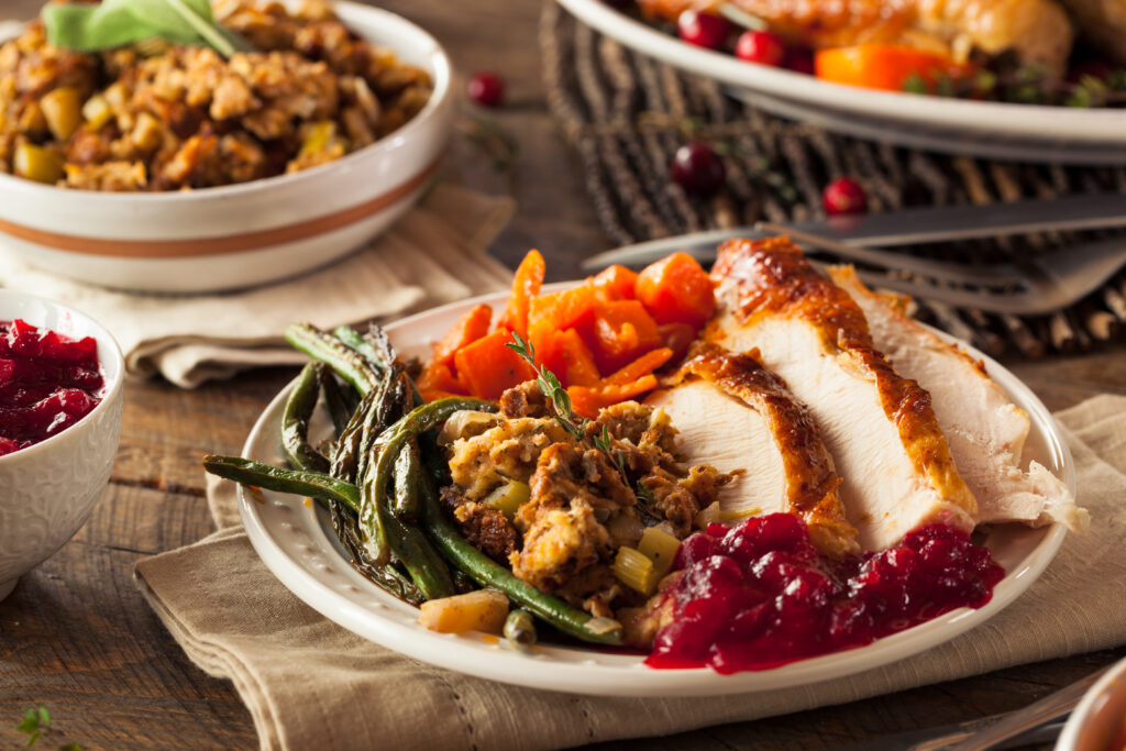 dinner-with-turkey-stuffing-veggies-and-potatos