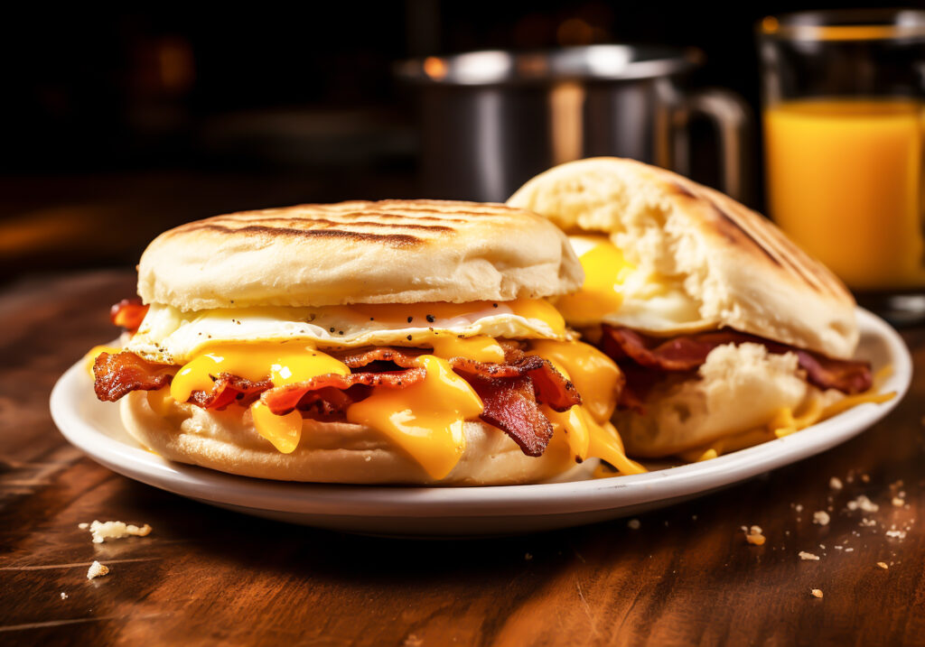 English-muffin-sandwich-with-crispy-bacon-fried-egg-and-melted-cheese