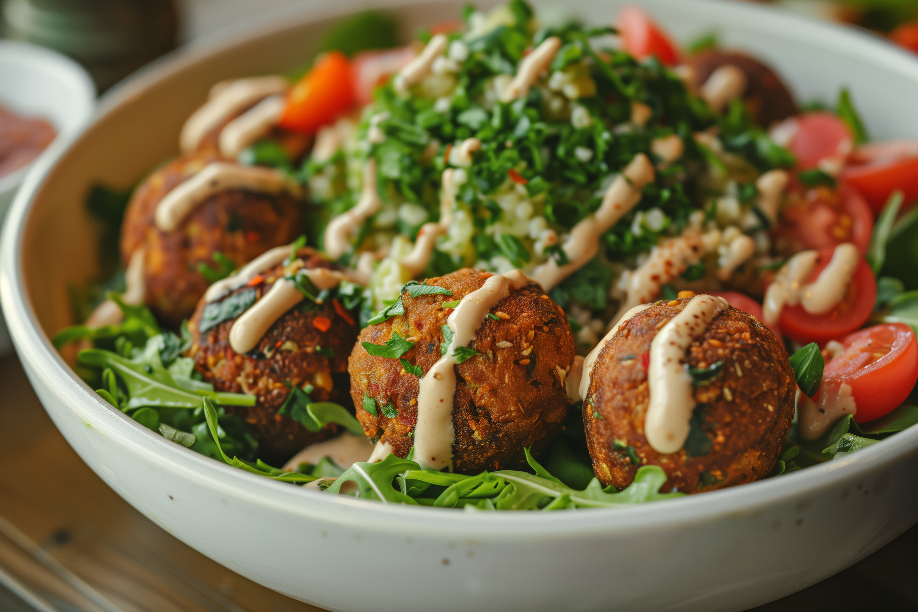 Close-up-of-a-fresh-Mediterranean-falafel-salad-with-tahini-dressing-cherry-tomatoes-and-arugula-in-a-white-bowl