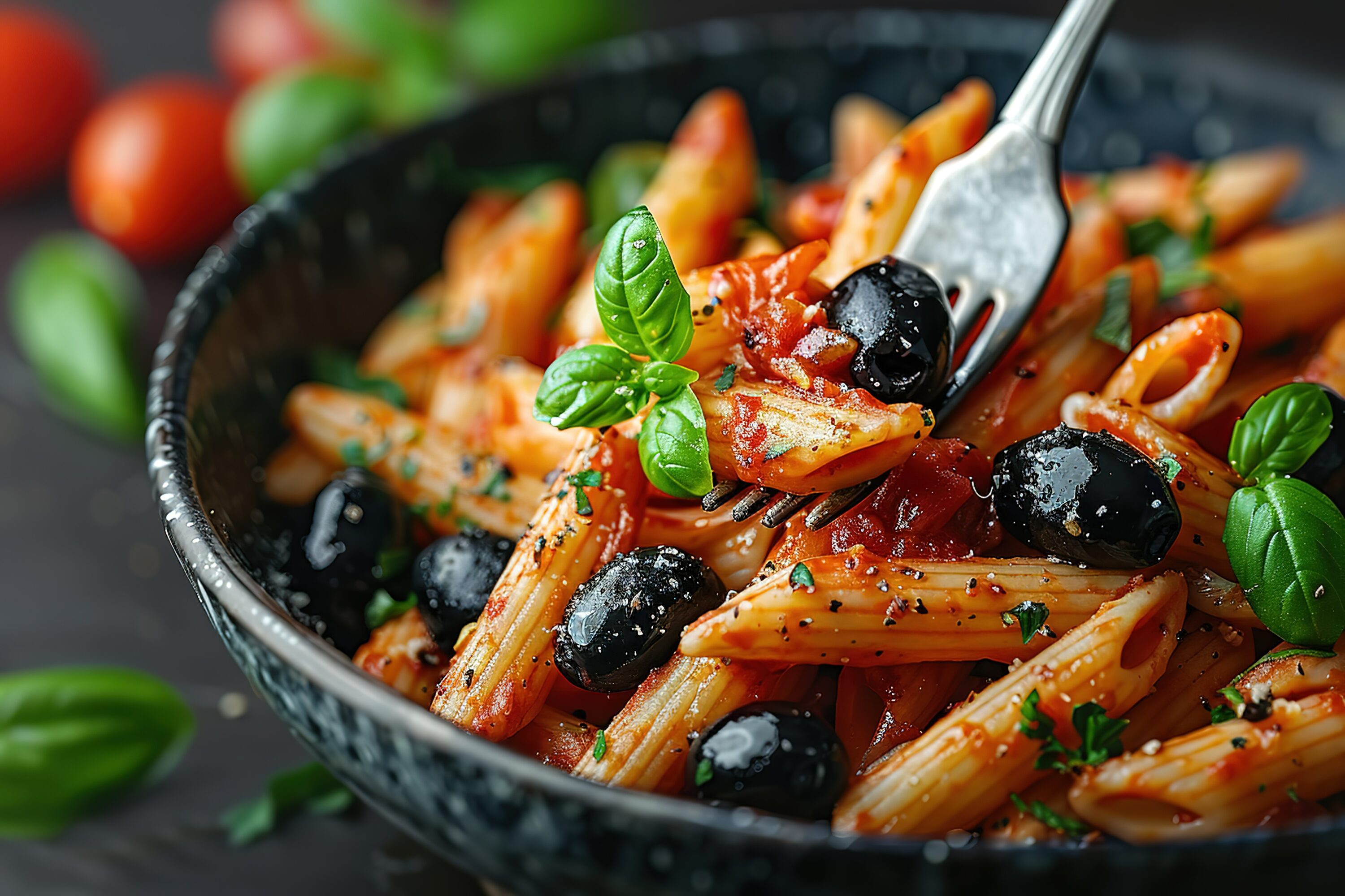 penne-pasta-with-arrabbiata-rose-sauce-and-black-olives-with-a-backdrop-of-fresh-green-leaves-and-a-grey-table-cloth