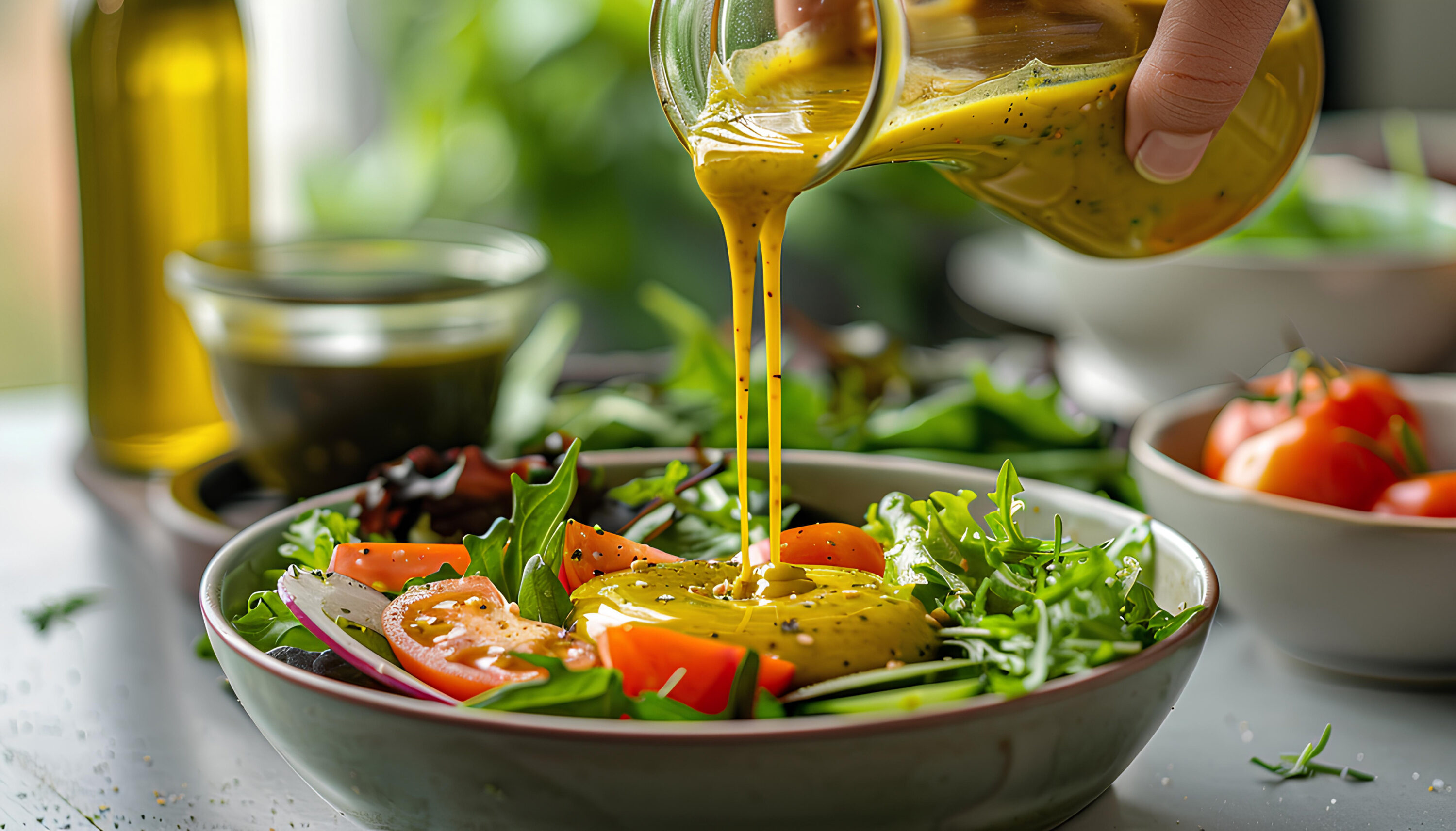 Woman-hand-pouring-honey-mustard-dressing-into-bowl-with-fresh-salad-on-table