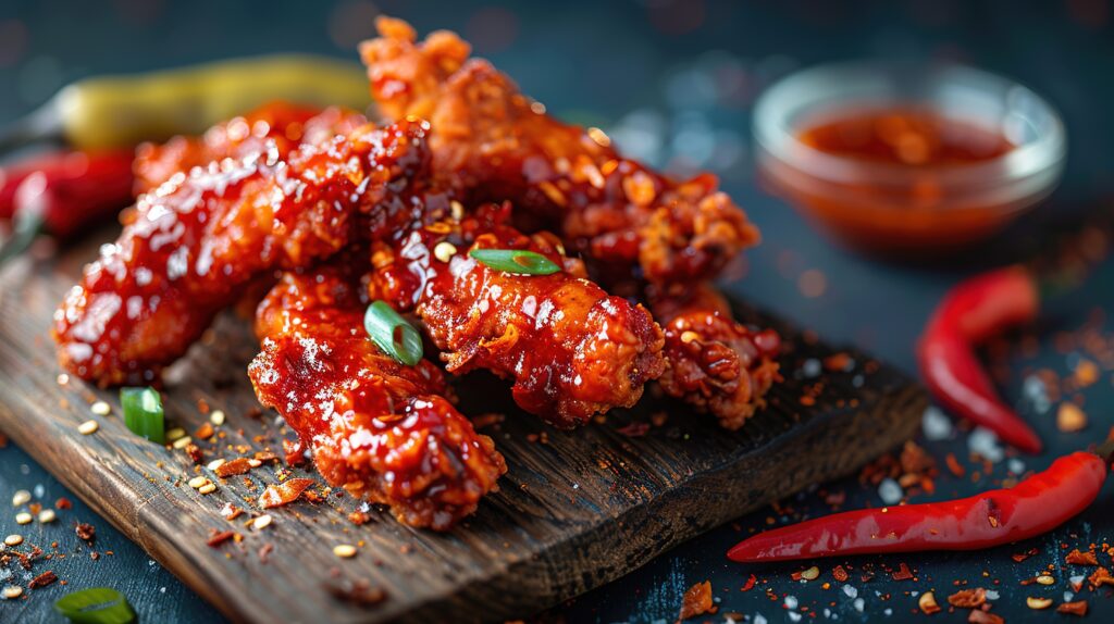 spicy-korean-fried-chicken-tenders-with-a-lot-of-CHILI-SAUCE-and-crumbles-on-a-woodtable