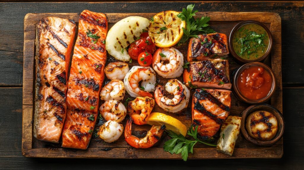 assortment-of-grilled-seafood-including-salmon-shrimp-and-various-sauces-on-a-rustic-wooden-board