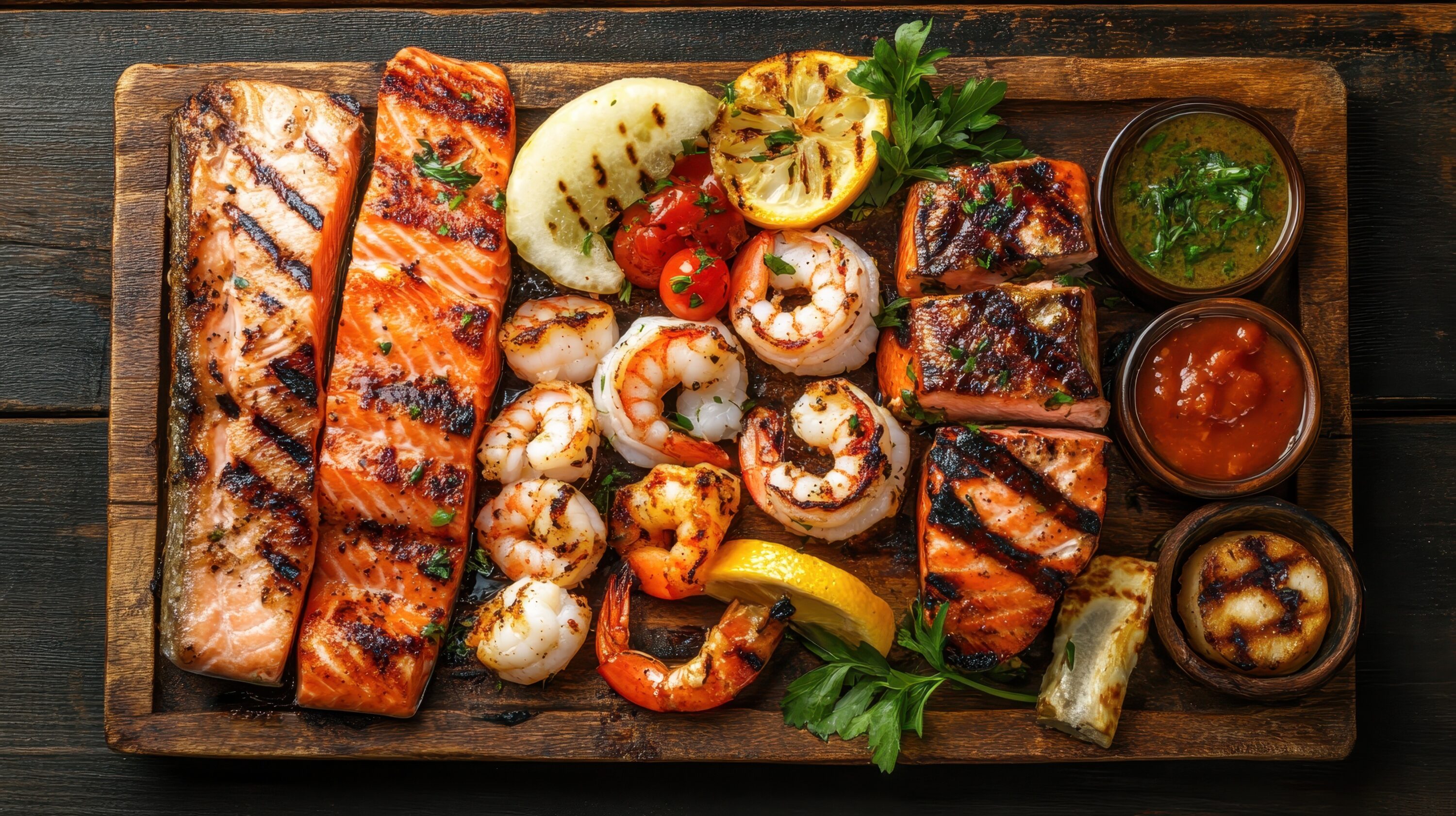 assortment-of-grilled-seafood-including-salmon-shrimp-and-various-sauces-on-a-rustic-wooden-board