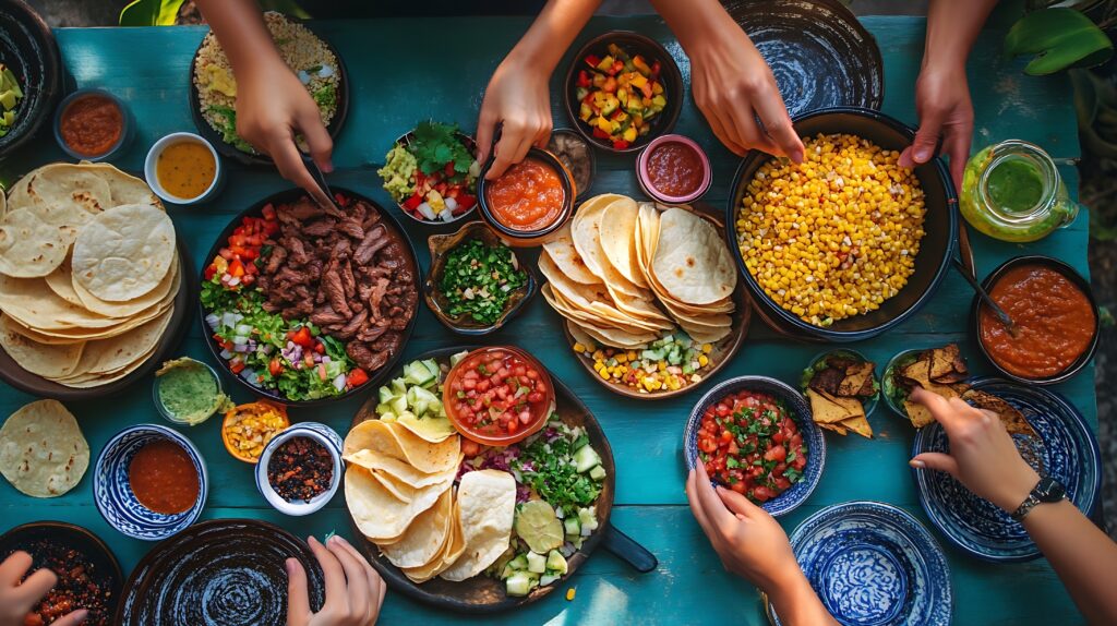 Friends-home-taco-party-Flatlay-of-Mexican-traditional-dishes-Tacos-with-beef-meat-corn-tortillas-tomato-salsa-and-peoples-hands-with-food-over-green