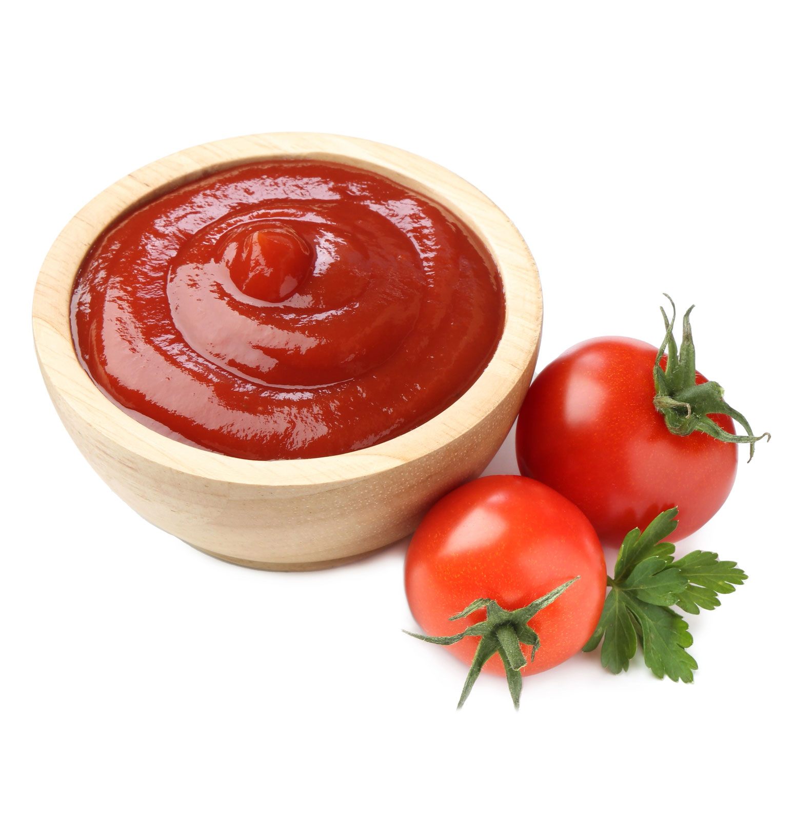 Tasty-ketchup-in-wooden-bowl,-fresh-tomatoes-and-parsley