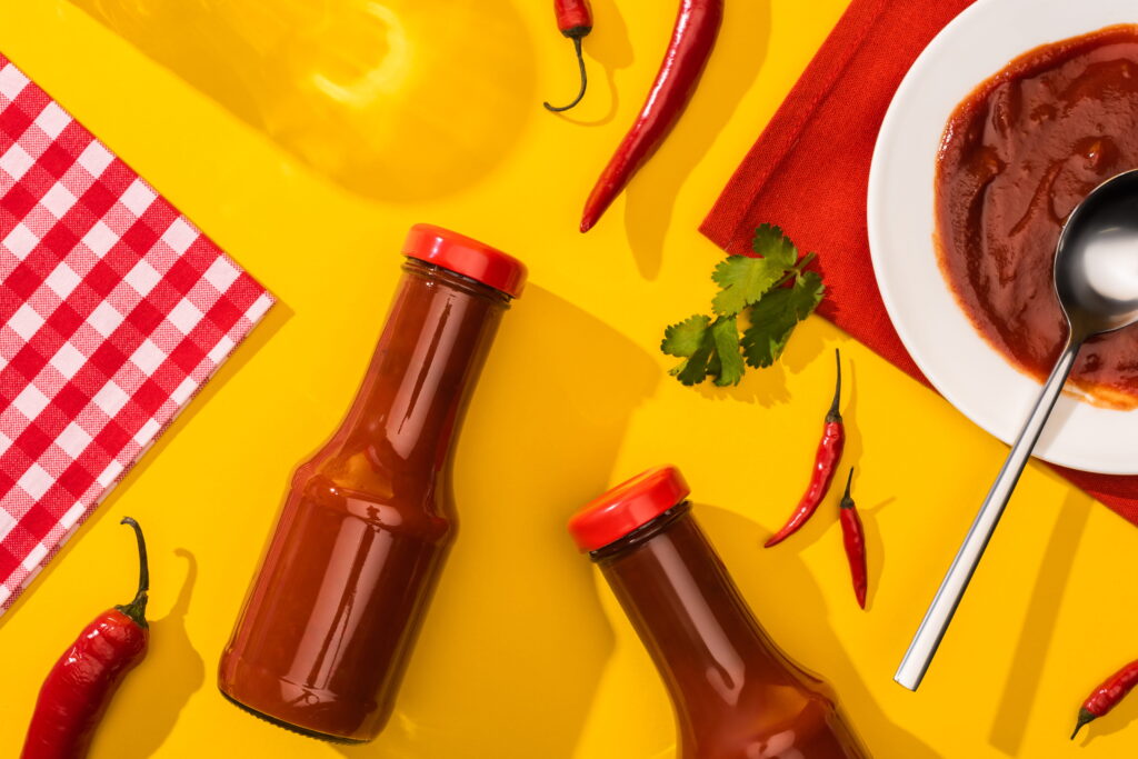 Bottles of spicy tomato sauce, peppers, bowl of sauce