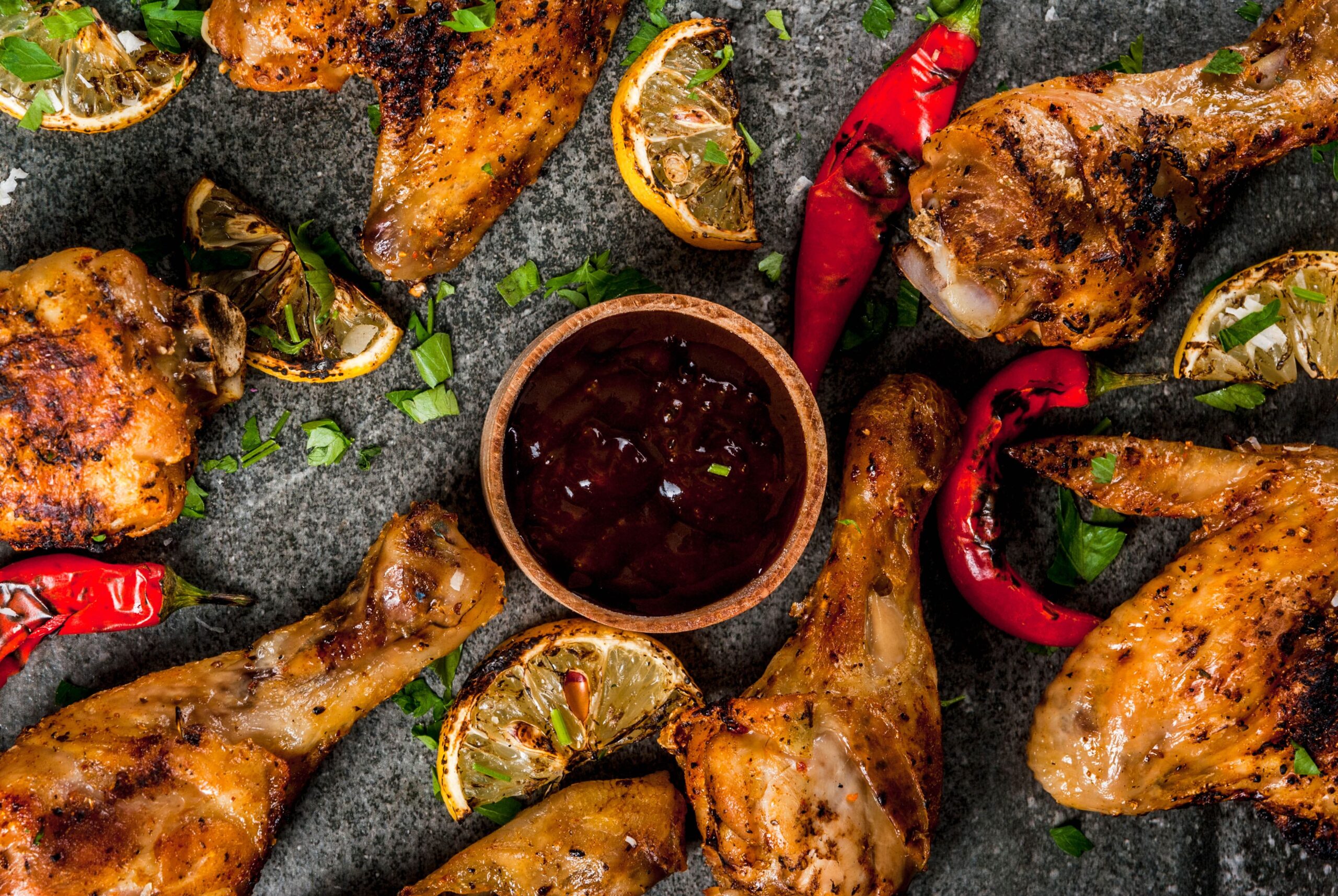 BBQ chicken with lemon pepper and bbq sauce