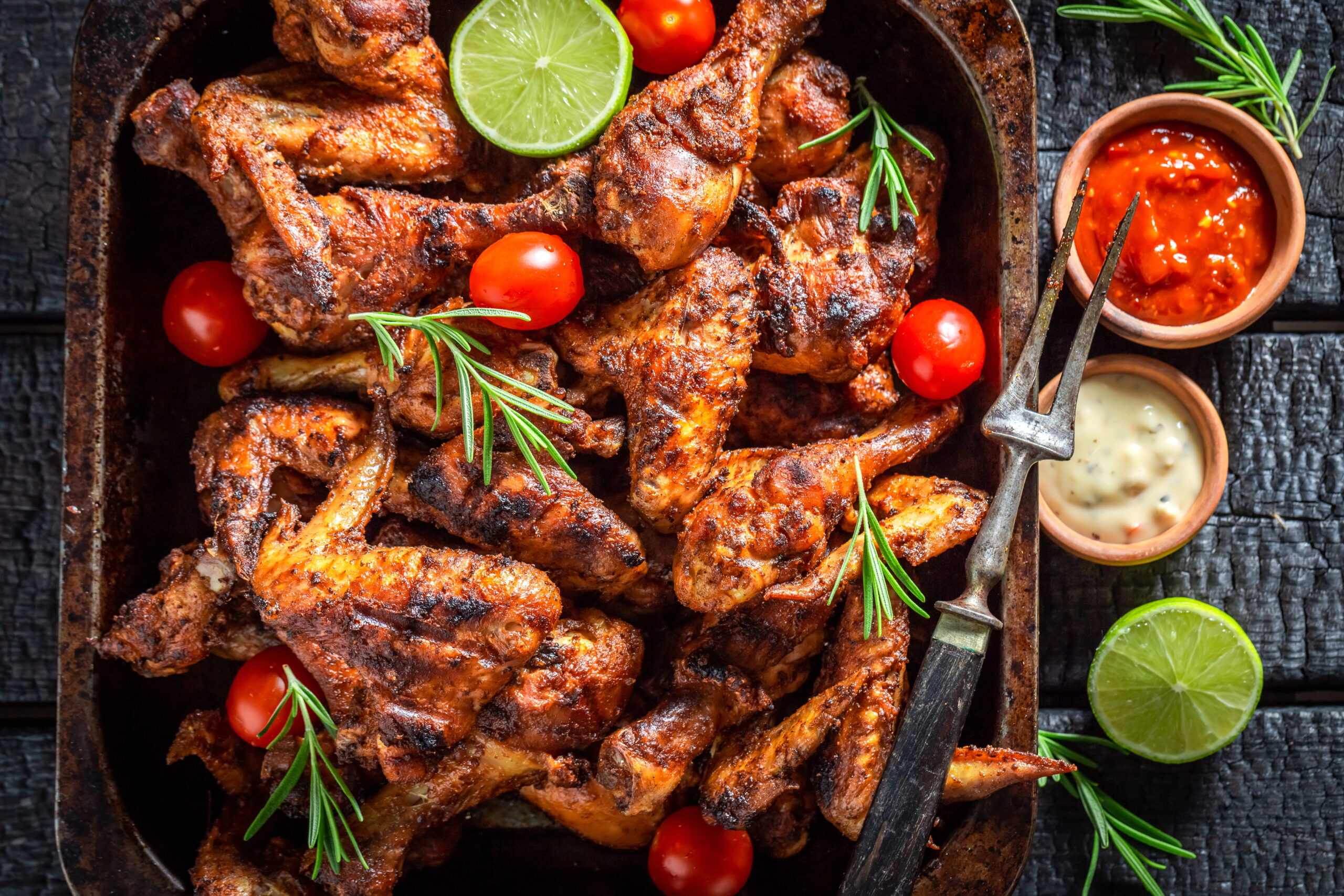Spicy roast chicken served with two sauces and lime