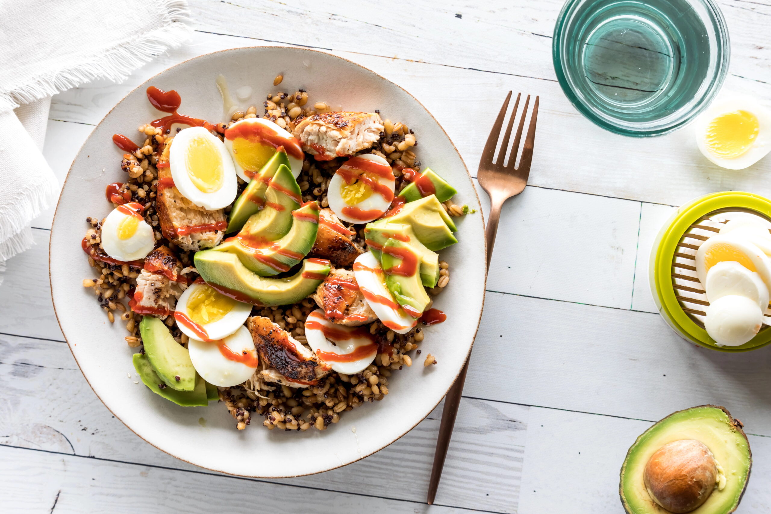 Hearty protein breakfast bowl with drizzle