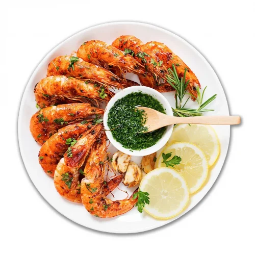plate of shrimp with lemons and herb sauce